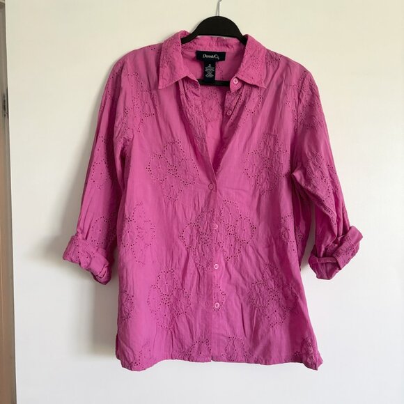 Denim&Co Tops - Denim & Co Pink Eyelet Embroidered Button Down Cotton